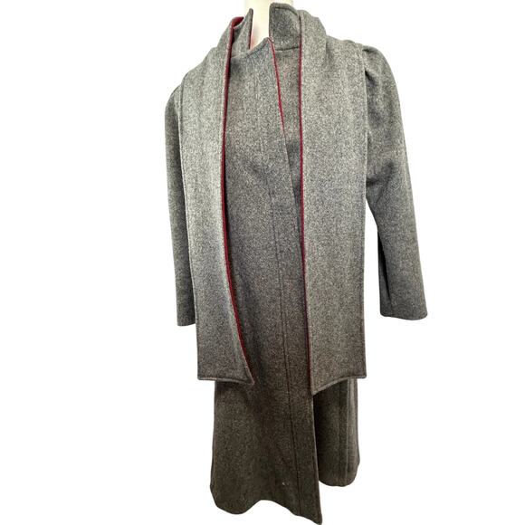 Vintage NYG New York Girl Woman size 6 Small long wool coat with scarf gray red - Picture 1 of 15